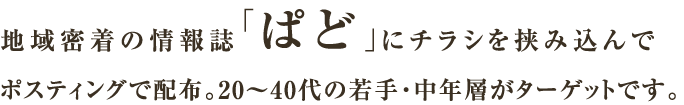 地域密着の情報誌「ぱど」にチラシを挟み込んでポスティングで配布。20～40代の若手・中年層がターゲットです。