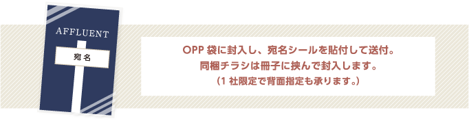 OPP袋に封入し、宛名シールを貼付して送付。同梱チラシは冊子に挟んで封入します。（1社限定で背面指定も承ります。）