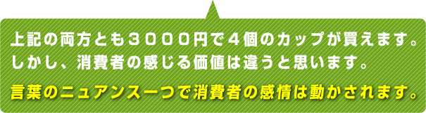 上記の両方とも3000円で4個のカップが買えます。しかし、消費者の感じる価値は違うと思います。ことばのニュアンス一つで消費者は動かされます。