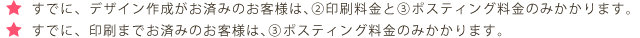 すでに、デザイン作成がお済みのお客様は、②印刷料金と③ポスティング料金のみかかります。すでに、印刷までお済みのお客様は、③ポスティング料金のみかかります。