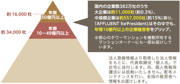 国内の企業数382万社のうち大企業は約11,000社（約0.3%）、中規模企業は約557,000社（約15%）あり、「AFFLUENT forPresident」はその中でも、年商10億円以上の企業経営者をグリップ。