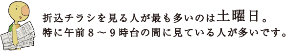 折込チラシを見る人が最も多いのは土曜日。特に午前8～9時台の間に見ている人が多いです。